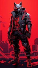 Fototapeta premium A man in a red and black outfit standing in front of a city