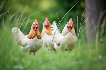 trio of chickens in a shaded grass area
