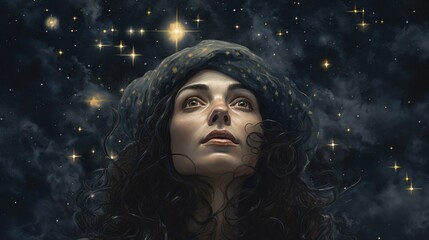 A painting of a woman looking up at the stars