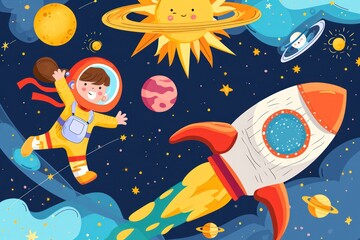 Children astronaut fantasy with planets stars rocket and sun, girl and boy flying in galaxy.Vector illustration in flat cartoon style