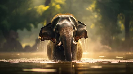 Foto op Aluminium A Baby Elephant Bathes in a Tropical River © LadyAI