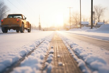 snowy tire tracks leading down a road