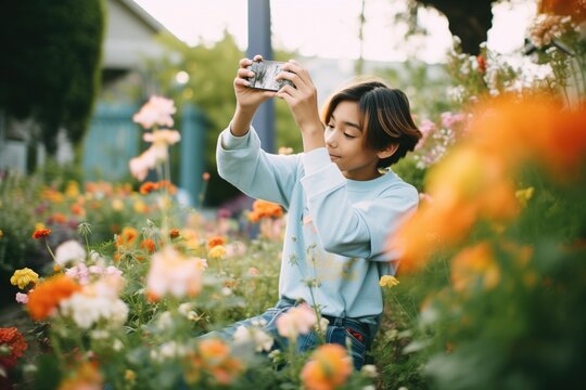 preteen capturing photos with a phone in a flower garden