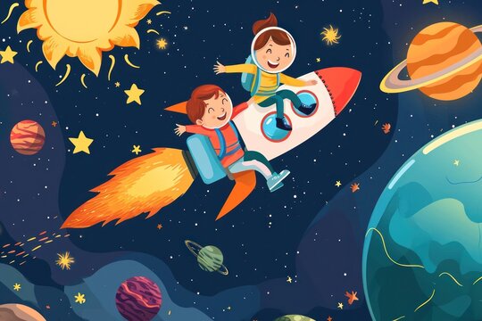 Children astronaut fantasy with planets stars rocket and sun, girl and boy flying in galaxy.Vector illustration in flat cartoon style