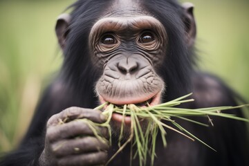 chimpanzee with a makeshift grass whistle