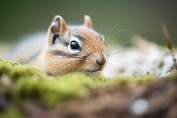 sharp focus on chipmunk whiskers as it gnaws near burrow