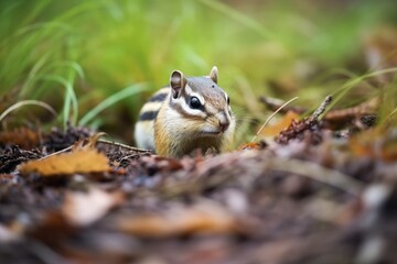 chipmunk foraging for burrow on autumn day