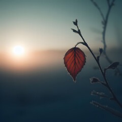Autumn leaves on a branch covered with frost at sunrise, beautiful winter morning wallpaper background, generative ai