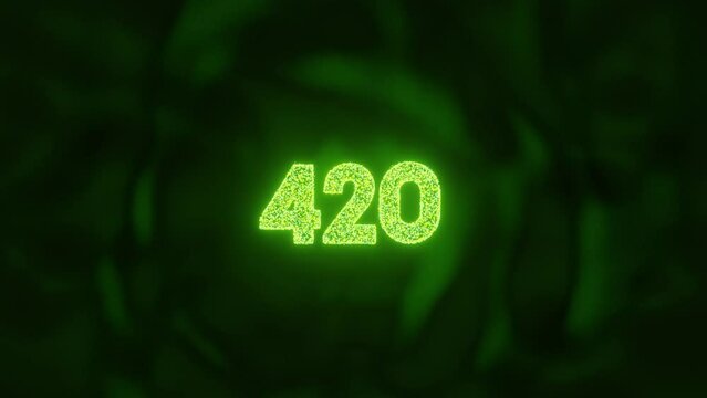 A magic circle of swirling light with the number “420” appears and then gradually disappears on a dark green background. suitable for celebrating 420 culture.