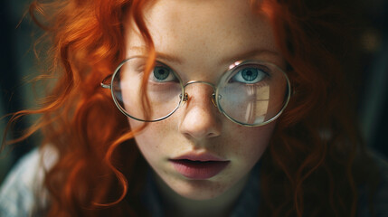 Obraz premium Elegant Vision: Redhead with Freckles in Stylish Round Glasses, Generative AI