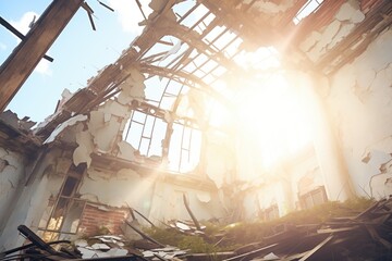 sunlight streaming through cracks in a ruined dome