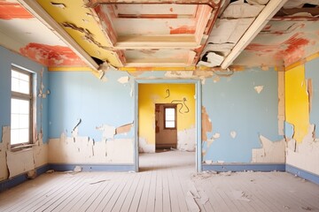 ceiling-less rooms with remnants of painted walls