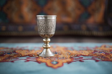 ornate metallic goblet with dark stains, on a velvet cloth