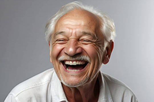 An elderly white man having a good laugh. Studio portrait. Promotional image.