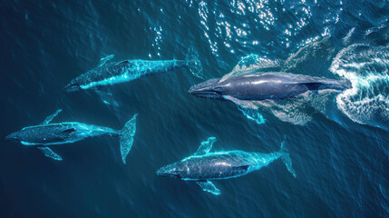 Aerial perspective of whales swimming in deep blue.
