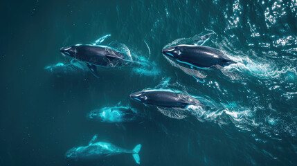 A pod of orcas swimming in the sparkling ocean waters, aerial view.
