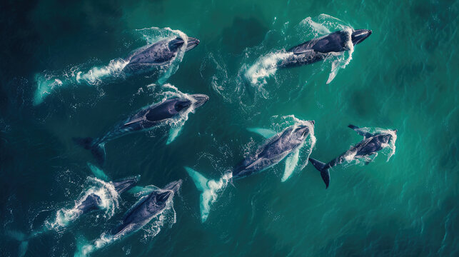Aerial shot capturing the unity of an orca family traveling together in the ocean.