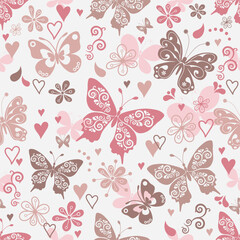 Vector white spring seamless valentine pattern with flying colorful pastel butterflies,  hearts and flowers