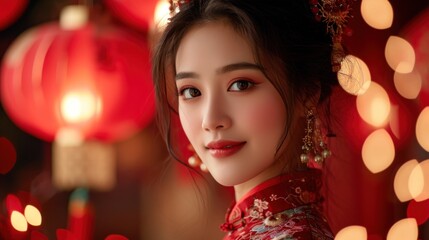 Beautiful Chinese girl wears the national costume or cheongsam on Chinese New Year with red Chinese lanterns in the background. Smile and wish you a Happy New Year