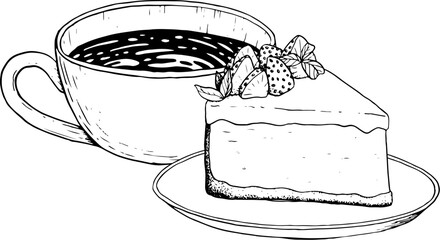 Hot coffee cup with cappuccino and strawberry cheesecake dessert vector black and white illustration for menus and flyers