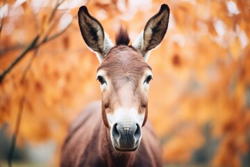 donkey with erect ears framed by autumn-colored leaves