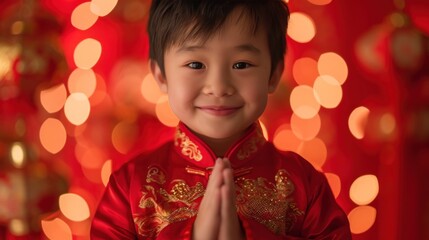 Fototapeta na wymiar A Chinese boy wears the national costume or cheongsam with a red Chinese lantern in the background. Smile and wish you a Happy New Year.