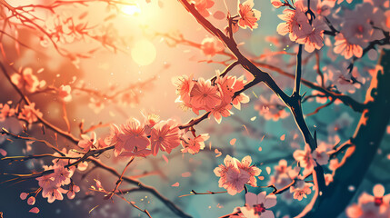 Obraz na płótnie Canvas Digital Illustration of Cherry Blossoms in Sunset