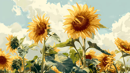 Stylized Illustration of Sunflowers Against Sky