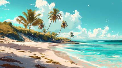 Fototapeta premium Tropical Beach with Palm Trees and Clear Sky