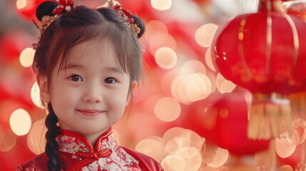 A Chinese girl wears the national costume or cheongsam on Chinese New Year with red Chinese lanterns in the background. A cute girl smiles and wishes you a Happy New Year