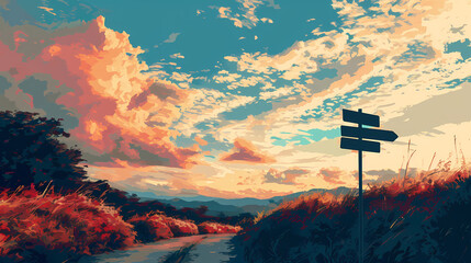 Stylized sunset at the crossroad on a country road