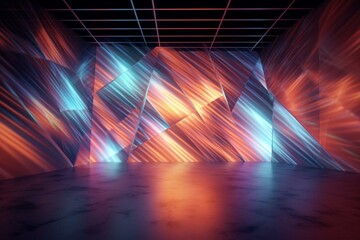 Artistic light painting with distorted prism reflections on wallpaper mockup. Generative AI