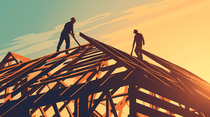 Silhouette of construction workers on roof at sunset