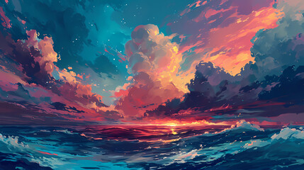 Obraz na płótnie Canvas Stylized ocean sunset digital art