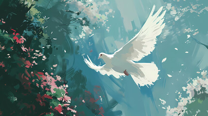 Digital Painting of a Dove in Flight Amidst Lush Greenery