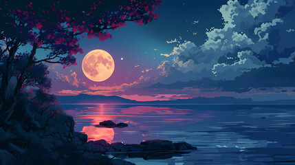 Stylized night seascape with full moon and blossoming tree