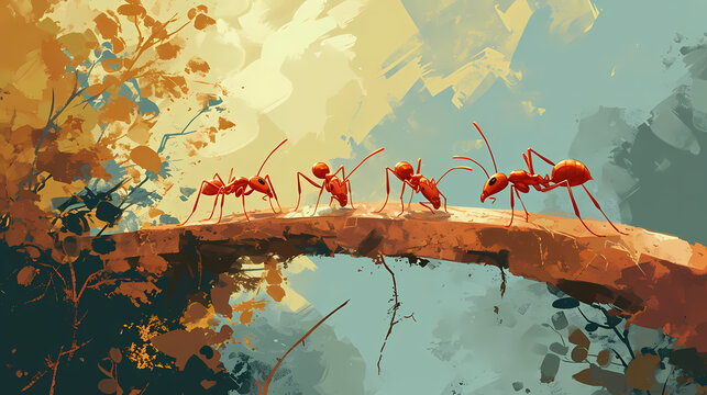 Illustration of ants crossing a branch bridge