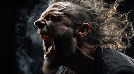 Face of screaming angry man on black background