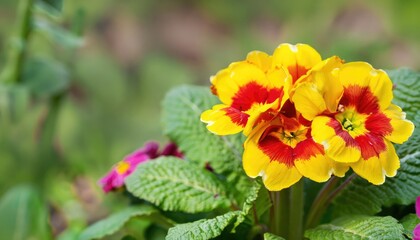 Primrose flower  green natural background   with copy space
