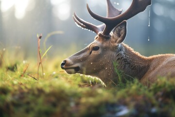morning dew on grass around a resting elk
