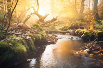 a forest stream bathed in golden hour sunlight