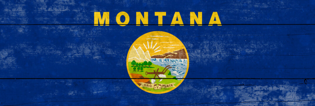 Montana State flag on a wooden surface. Banner of the grunge Montana State flag.