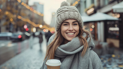 Happy young woman with a smile in a gray vintage coat with a knitted cap with coffee walking outdoors in the city. Made with generative ai - obrazy, fototapety, plakaty