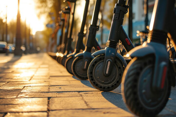 electric scooters in a parking lot in the city in the summer at sunset close-up, perspective