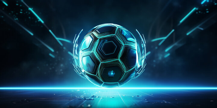 High res soccer ball chip texture blue neon blue sphere image with futuristic blue glowing neon lights on a dark blue background