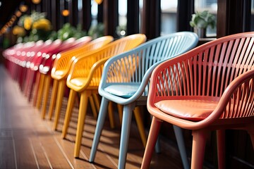 A row of brightly colored chairs standing next to each other, showcasing a vibrant and playful design