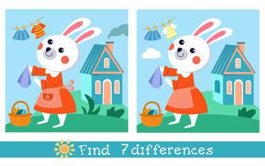 Find 7 differences. Educational puzzle game for children. Cartoon isolated funny character on white background, simple scene for design. Kids Vector illustration.