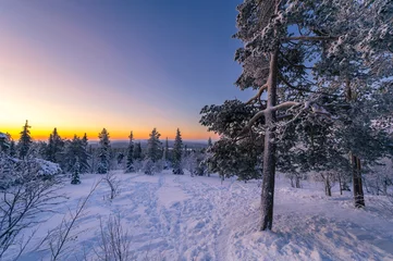 Glasbilder Nordeuropa Lapland in winter with large amount of snow during sunrise