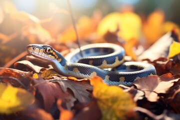 garter snake amid sunlit autumn leaves