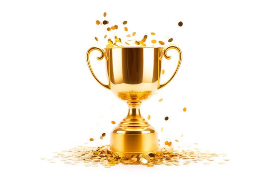 cup prize winner trophy with gold confetti on white background